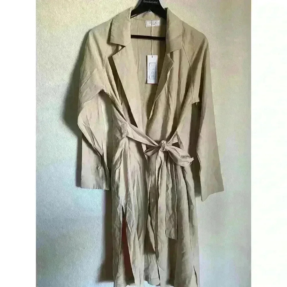Sage Beige Trench Coat - Lightweight Longline Women's Trench - Picture 2 of 9